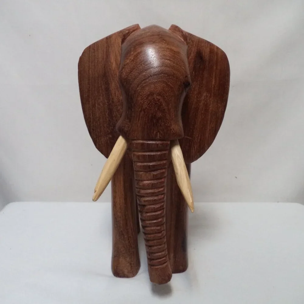 Elephant Wood Hand Carved Figurine Statue brown w/ Tusks Trunk 11" x 8.5" Decor - Picture 9 of 13